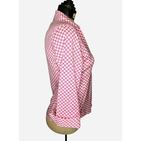 Talbots Wrinkle Resistant Pink White Diamond Print Blouse 2P Button Down Preppy - Picture 2 of 8